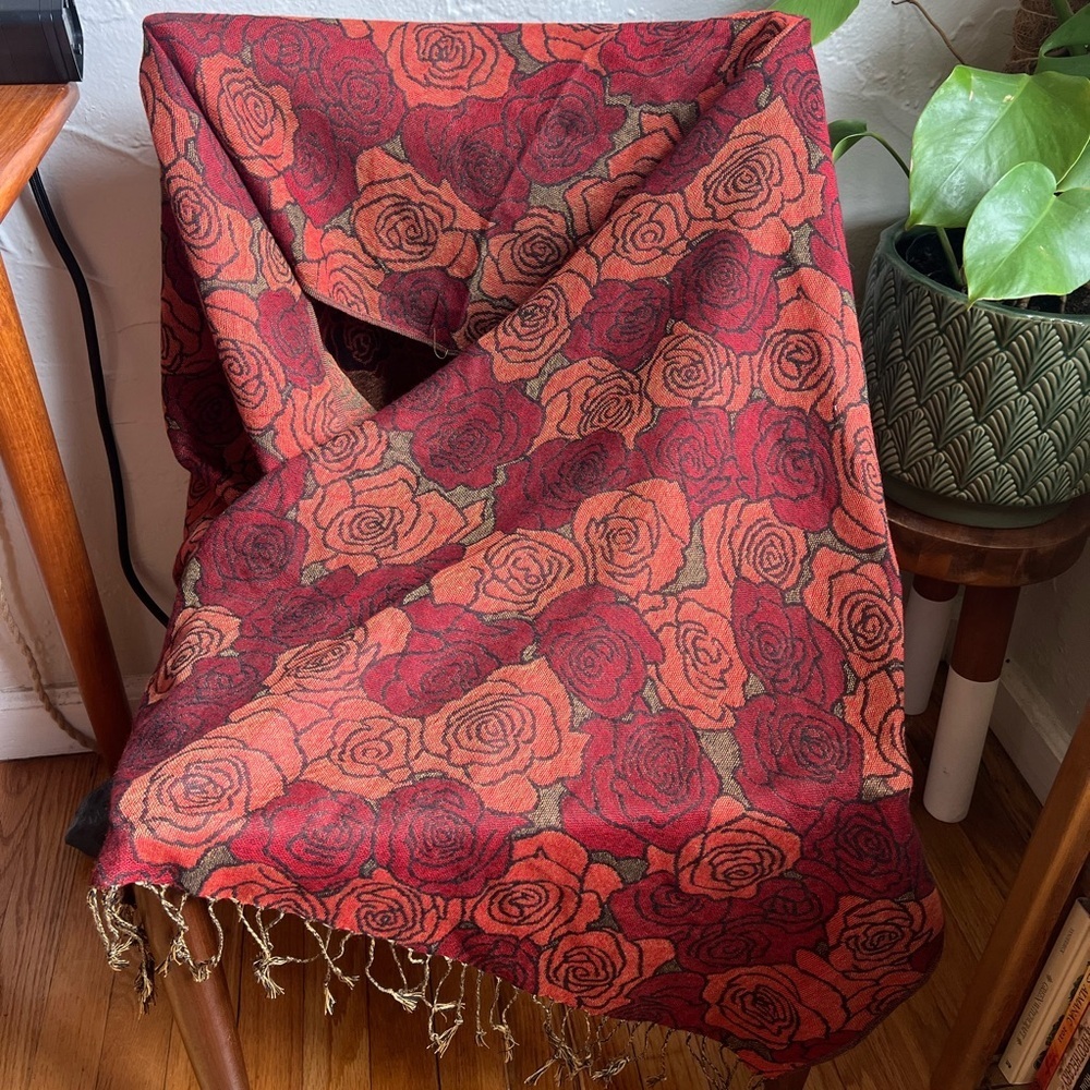 Boho Red Rose Floral Pashmina Style Shawl Scarf Jacquard Wrap
